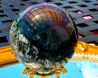 Moss Agate Crystal Sphere, Calming Stone (75.5mm)