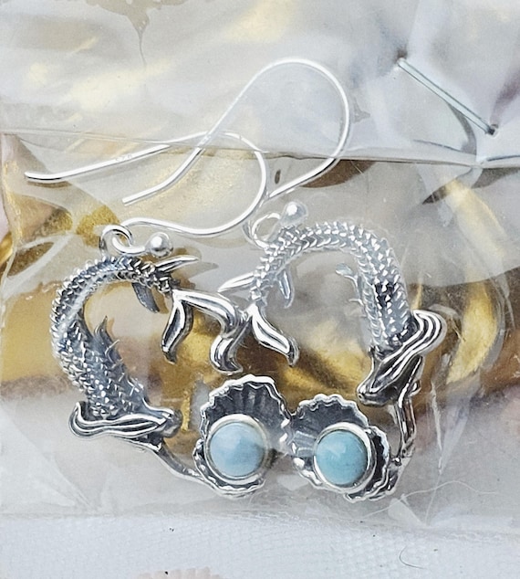 Handmade Larimar Mermaid Earrings, , Natural Larimar Stone, From Dominican Republic, Mermaid Pendant