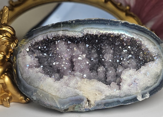 Rare Angel Aura Amethyst Geode with Calcite and Stalactites, Angel Aura Amethyst, Statement Piece