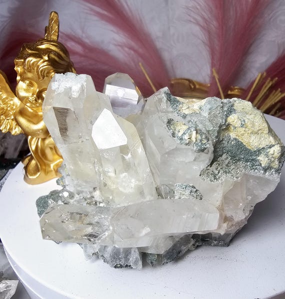 RARE LG Lemurian Quartz Cluster in Fuschite, Columbia, Crystal Cluster