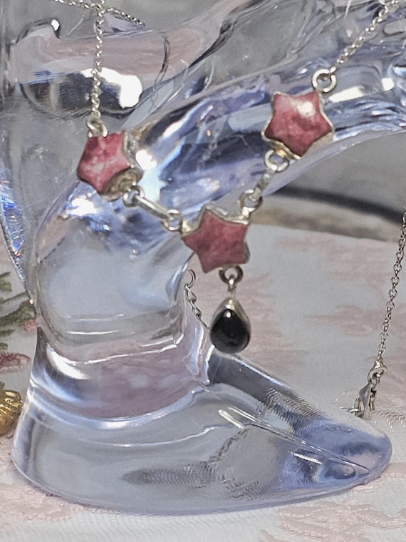 Thulite and Obsidian 925 Silver Necklace, - Birthstone Jewelry, Crystal necklace,  Gemstone Necklace