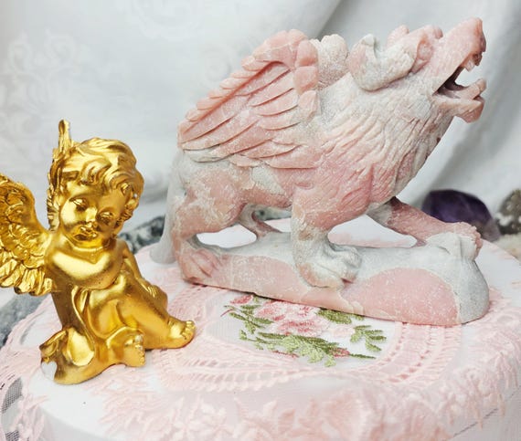 Pink Opal Winged Wolf , Pink Opal, Pink Wolf, Crystal Sculpture, Statement Piece,