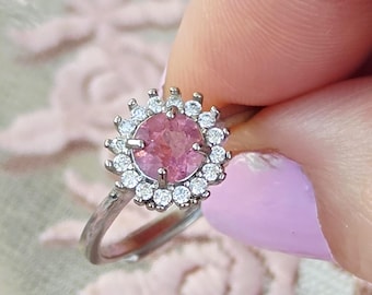Zarter, natürlicher rosa Turmalinring mit Mossanit, 25er Silber, verstellbar, Naturkristall, Schutz und Frieden