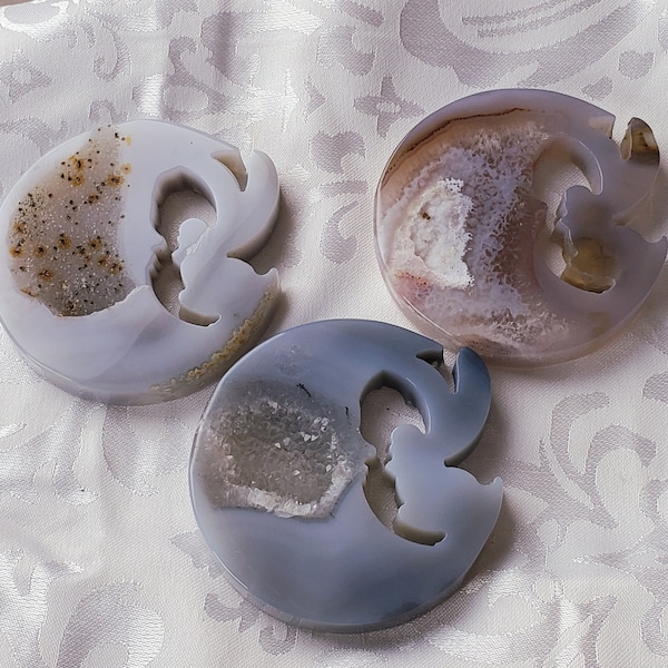 Magical Druzy Agate Moon & Fairy + Agate Moon Fairy Carving, Crystal Carvings, Fairy Garden, Fairy