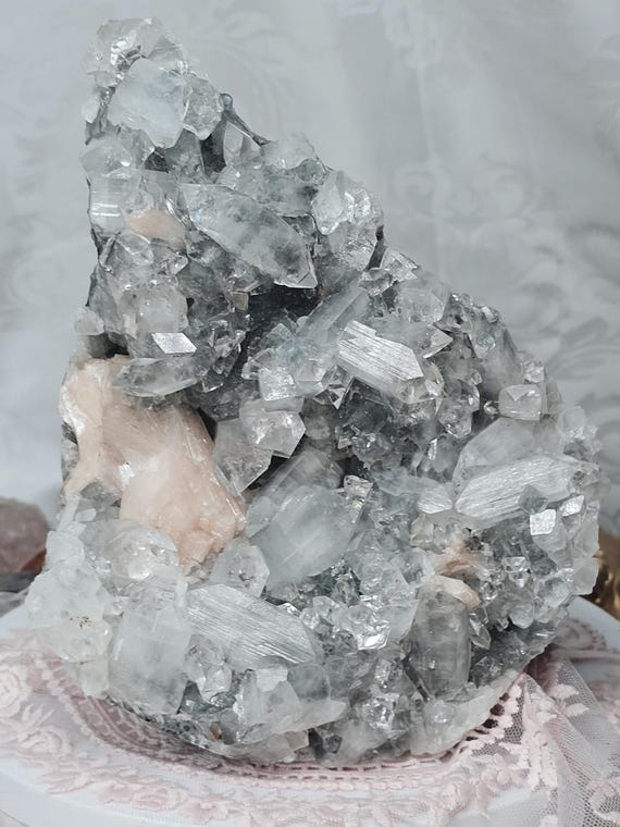 RARE Chrome Diamond Apophyllite with Peach Stillbite from India , Apophyllite, Crystal, Crystals