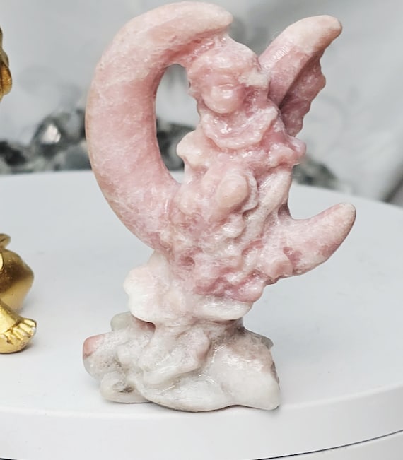 Pink Opal Fairy in a Moon , Pink Opal, Pink Fairy, Crystal Sculpture, Dragon, Fairy