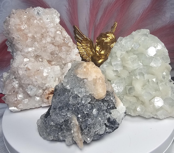 RARE Sugar and Diamond Apophyllite Set with Stillbite from India, Black Apophyllite, Snow White Sugar Apophyllite, Crystal, Crystal Set
