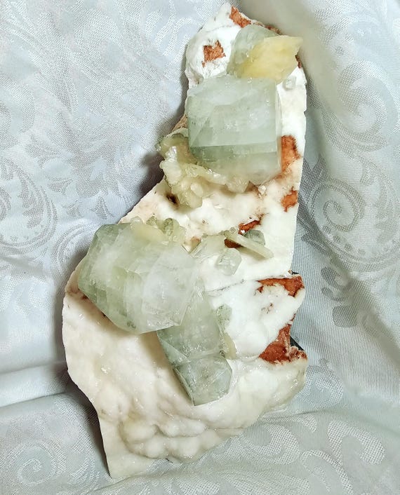 RARE Green Apophyllite with Red and White Chalchedony from India , Apophyllite, Crystal, Crystals