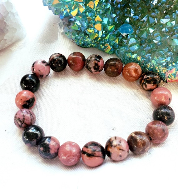 Rhodonite Bracelet 9mm- Round Beads - Birthstone Jewelry, Crystal Bracelet, Beaded Jewelry, Gemstone Bracelet