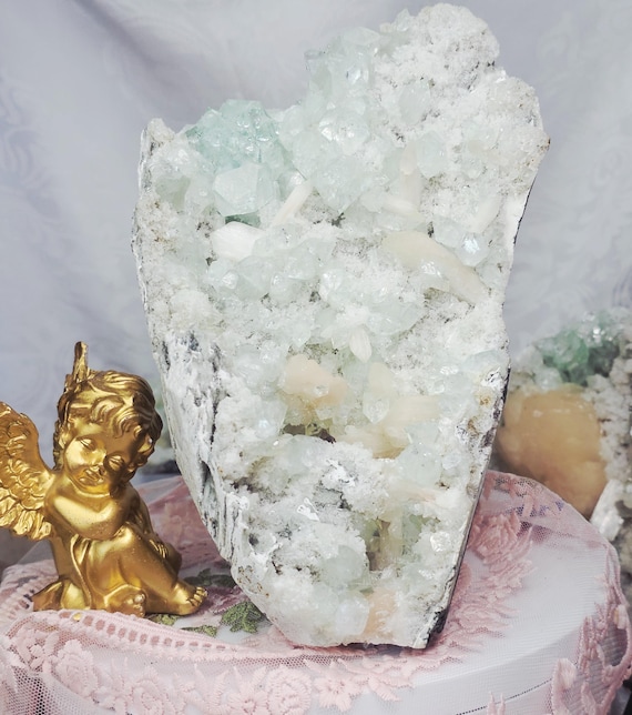 RARE Sugar  Green Diamond Apophyllite with Stillbite from India , Apophyllite, Crystal, Crystals