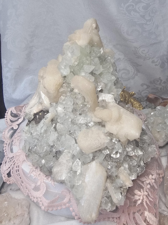 RARE Green Diamond Apophyllite with Stillbite from India , Apophyllite, Crystal, Crystals