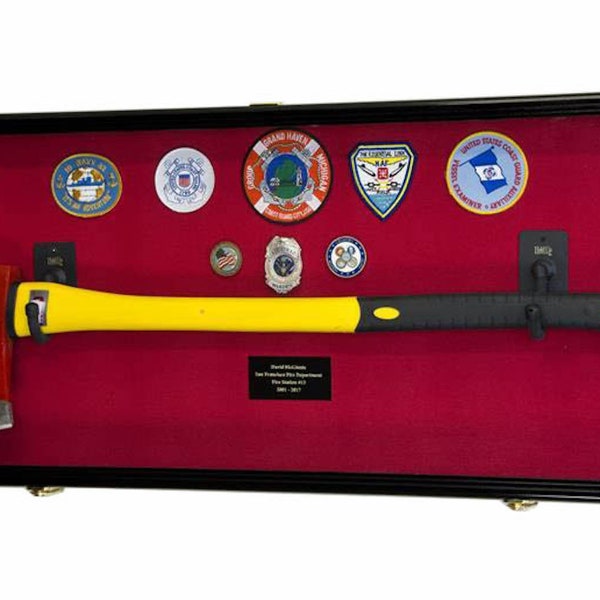 Firefighter Fireman Axe Display Case Cabinet Fire Department Medals Badge Pin Wall Showcase Shadowbox Mount w/ 98% UV Protection - Lockable