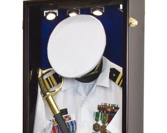 Military Shadow Box Display Case Cabinet Army Navy Marine Veteran Uniform Sword Hat Medals Pins Badges w/ 98% UV Protection - Lockable