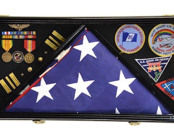 Flag and Medals Display Case Cabinet Pin Military Ribbons Holder Shadowbox w/ 98% UV Protection - Lockable
