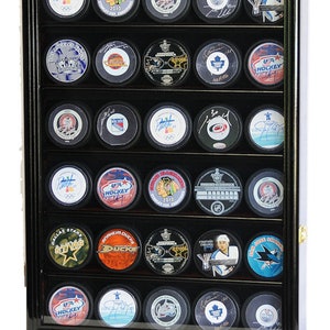 40 Hockey Puck Display Case Cabinet Holder Rack Stand 98% UV Lockable Black Finish