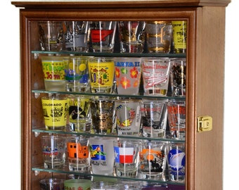 Mirror Backed and 4 Glass Shelves Shot Glass Shotglass Shooter Bottle Cups Display Case Cabinet Holder