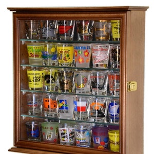 Mirror Backed and 4 Glass Shelves Shot Glass Shotglass Shooter Bottle Cups Display Case Cabinet Holder
