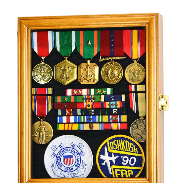XS Military Medals, Pins, Patches, Insignia, Ribbons Display Case Wall Cabinet Holder w/ 98% UV Protection - Lockable