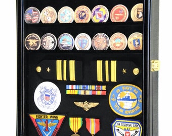Challenge Coin / Medals / Pins / Badges / Ribbons / Insignia /Combo Display Case Cabinet Adjustable Shelves w/ 98% UV Protection - Lockable