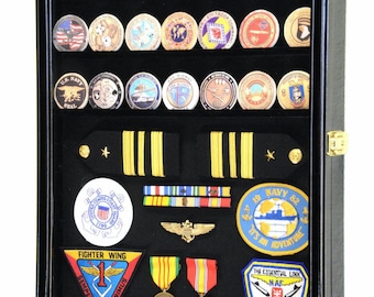 Challenge Coin / Medals / Pins / Badges / Ribbons / Insignia /Combo Display Case Cabinet Adjustable Shelves w/ 98% UV Protection - Lockable