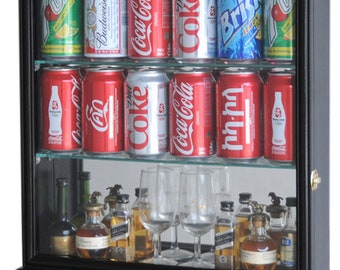 Mini Liquor Bottle Soda Can Mirror Backed Display Case Cabinet Kitchen Wall Shot Glass Wine Shelf Rack w/ 98% UV Protection - Lockable