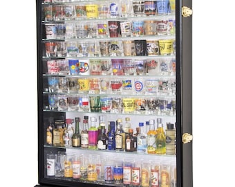 XL Shot Glass Shotglass Display Case Rack Holder Cabinet w/ Mirror Backing and 11 Glass Shelves up to 144 Shotglasses