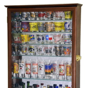 Large Mirror Backed and 7 Glass Shelves Shot Glass Shotglass Shooter Bottle Cups Display Case Cabinet Holder