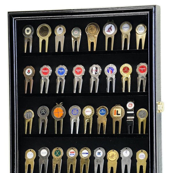 Golf Divot Tool Markers Coin Chips Medallion Display Case Cabinet Shelf Rack w/ 98% UV Protection - Lockable