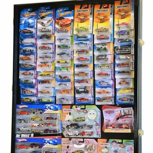 1/64 Diecast in Retail Boxes Display Case Matchbox Collector Cars Cabinet Shadowbox with Pinnable Background w/ 98% UV Protection - Lockable