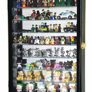 7 Adjustable Shelves Mirror Back Minifigures Display Case Cabinet Miniatures Figurines Wall Shelf w/ 98% UV Protection - Lockable