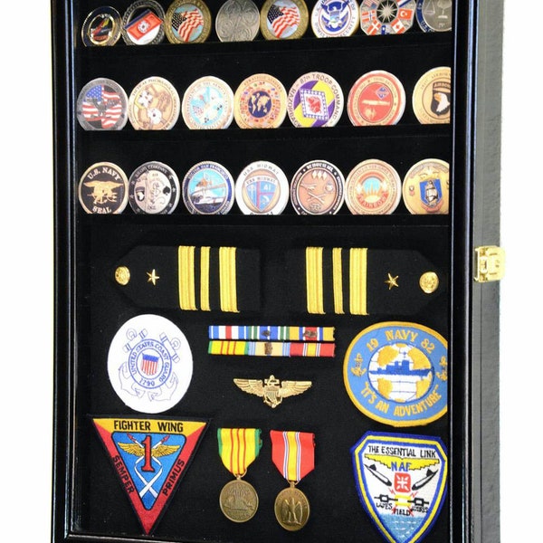 Challenge Coin / Medals / Pins / Badges / Ribbons / Insignia /Combo Display Case Cabinet Adjustable Shelves w/ 98% UV Protection - Lockable