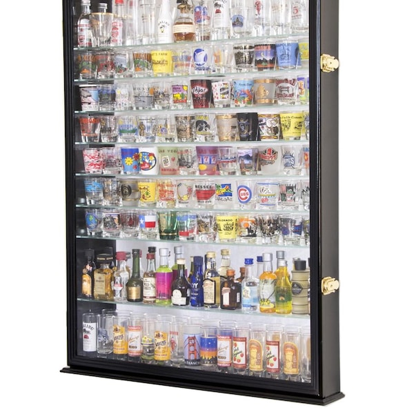XL Shot Glass Shotglass Display Case Rack Holder Cabinet w/ Mirror Backing and 11 Glass Shelves up to 144 Shotglasses