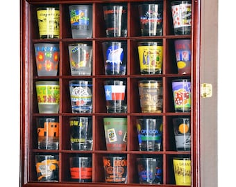 25 Shot Glass Shotglass Shooter Display Case Holder Cabinet Wall Rack 98% UV Lockable