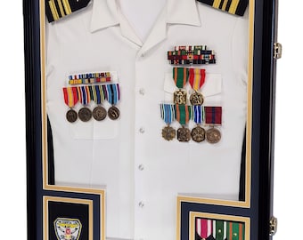 Large Military Uniform Display Case (w/ Custom Double Matting) Cabinet Shadowbox - UV Protection- Lockable- DIY (w/ LED Accent Light Option)