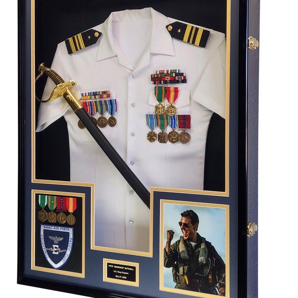 Extra Deep Military Uniform, Jacket Display Case (Custom Double Matting) Cabinet Shadowbox -UV Protection - DIY (w/ LED Accent Light Option)