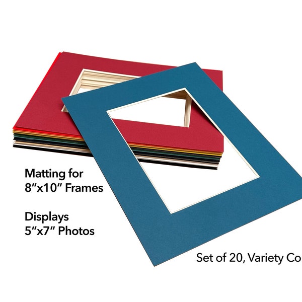 Set of 20 - 8x10 Picture Frame Matting for Display 5x7 Photo - Variety Colors - Matte Board Framing Color Mat Art Project - Clear Bag Addon