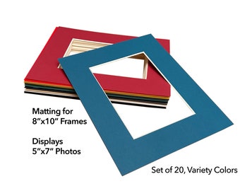 May include: Set of 20 assorted color mat boards for 8x10 inch frames. Each mat board has a 5x7 inch opening for displaying photos.