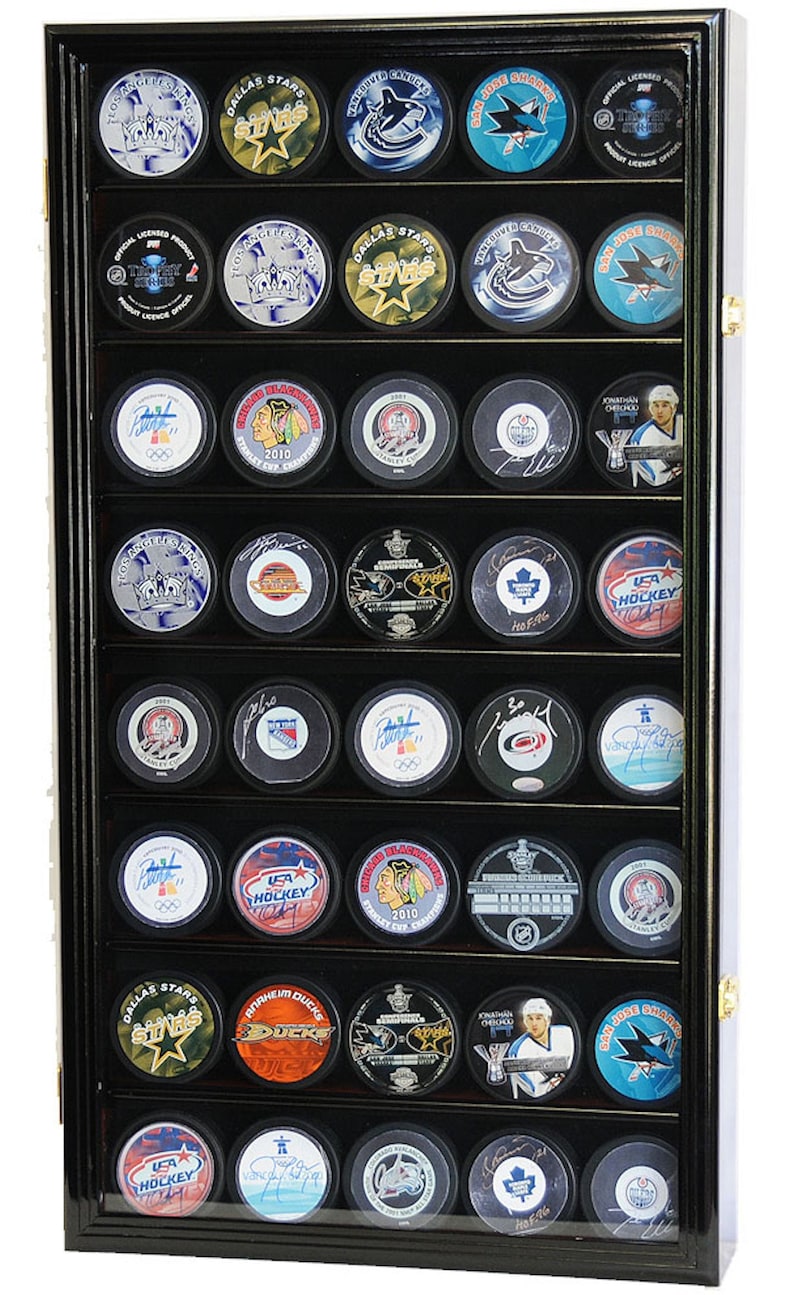 40 Hockey Puck Display Case Cabinet Holder Rack Stand 98% UV Lockable Black Finish