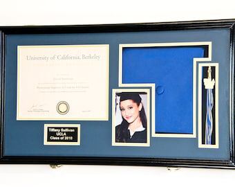 Custom Graduation Diploma Frame Tassel Photo Cap Engraving Display Case for 11 x 8.5 Certificate w/ Custom Matting Colors