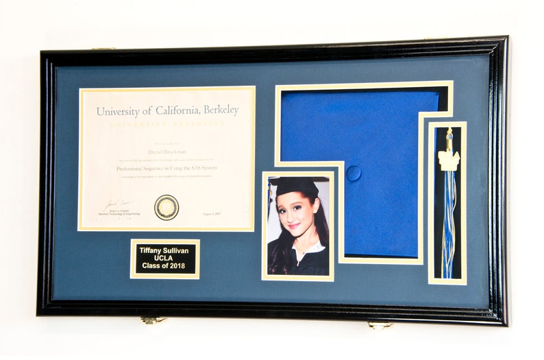 Custom Graduation Diploma Frame Tassel Photo Cap Engraving Display Case for 11 x 8.5 Certificate w/ Custom Matting Colors image 1