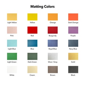 May include: A chart showing 16 different matting colors, including light yellow, yellow, orange, dark orange, pink, red, burgundy, purple, light blue, blue, royal blue, navy blue, light green, dark green, silver/gray, gold, white, cream, brown, and black.