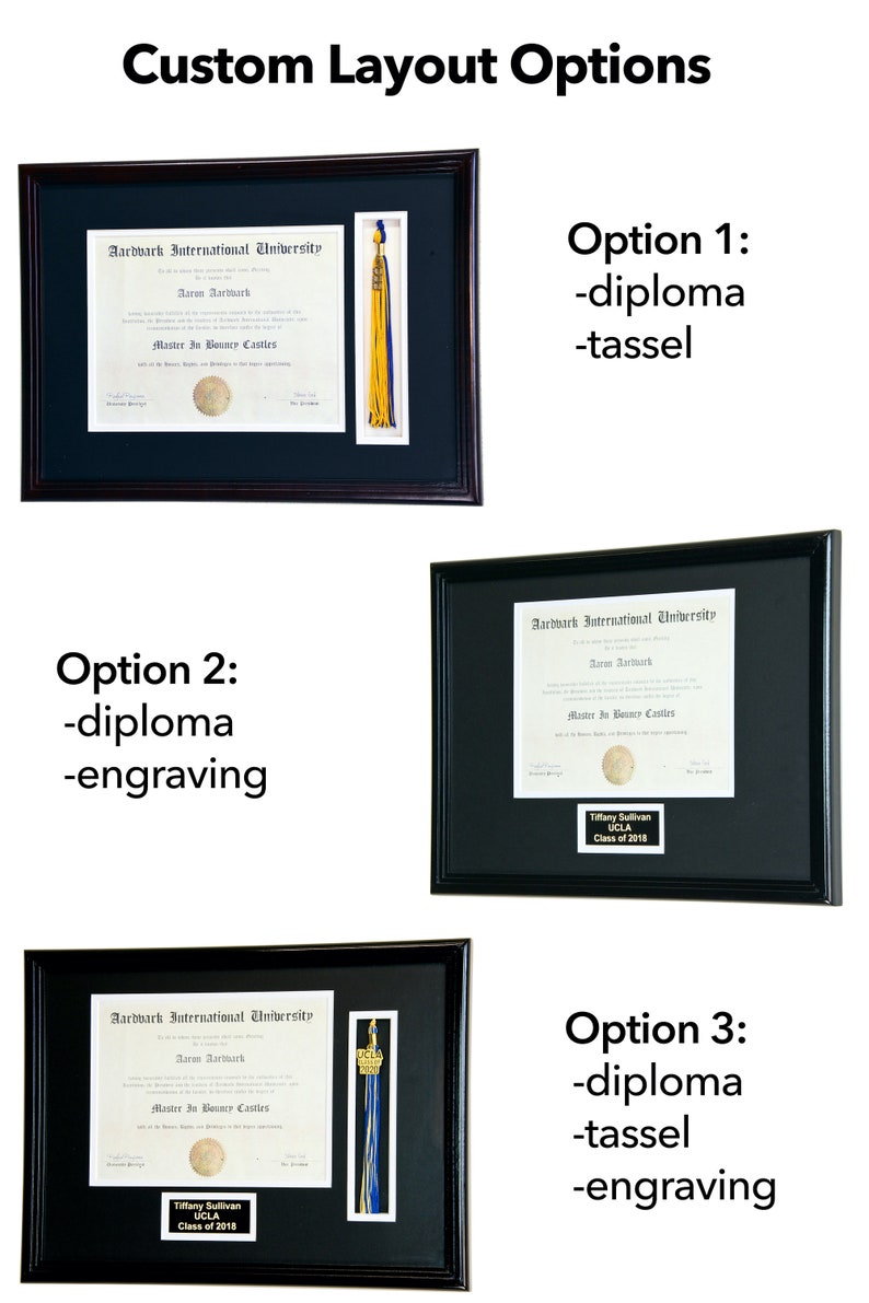 May include: Three framed diploma options with different layouts. Option 1 includes a diploma and tassel. Option 2 includes a diploma and engraving. Option 3 includes a diploma, tassel, and engraving.