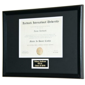 May include: A black framed diploma with a gold plaque that reads "Tiffany Sullivan UCLA Class of 2018". The diploma is from Aardvark International University and is awarded to Aaron Aardvark for a Master in Bouncy Castles.