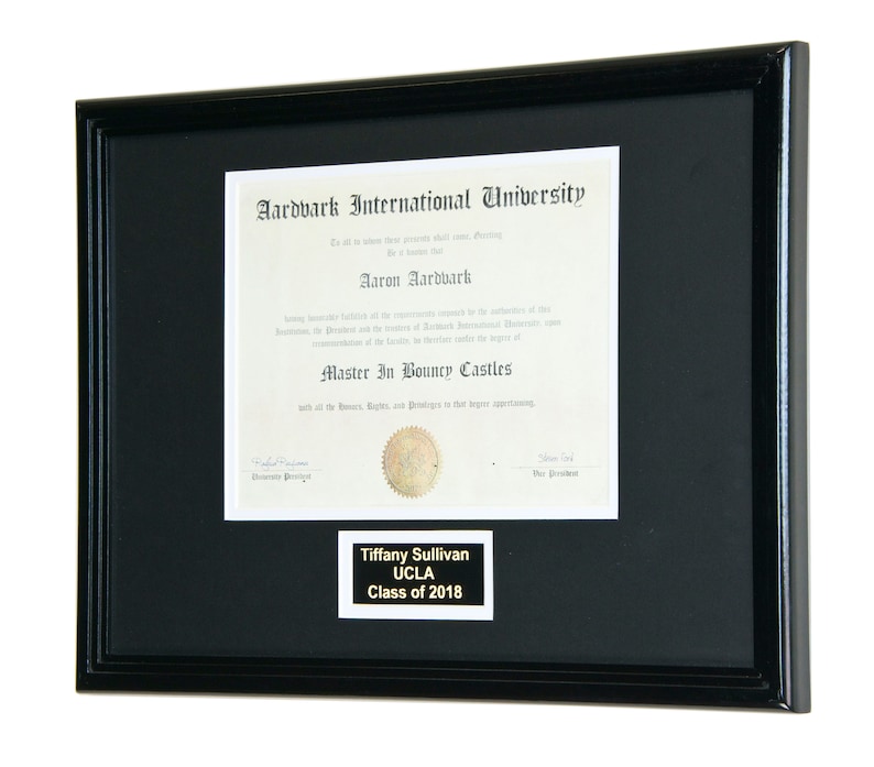 May include: A black framed diploma with a gold plaque that reads "Tiffany Sullivan UCLA Class of 2018". The diploma is from Aardvark International University and is awarded to Aaron Aardvark for a Master in Bouncy Castles.