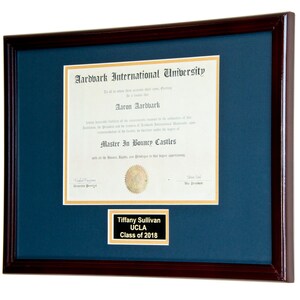 May include: A framed diploma from Aardvark International University for Aaron Aardvark, with the degree Master in Bouncy Castles. A gold nameplate below reads "Tiffany Sullivan, UCLA, Class of 2018."
