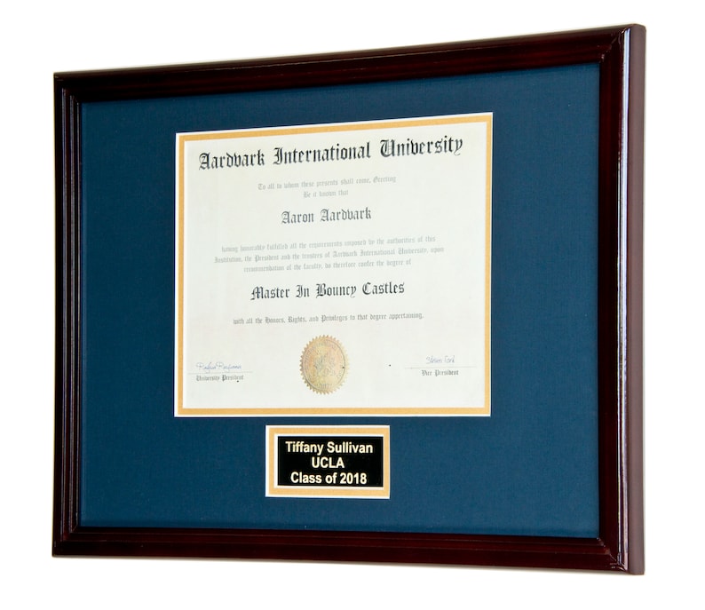 May include: A framed diploma from Aardvark International University for Aaron Aardvark, with the degree Master in Bouncy Castles. A gold nameplate below reads "Tiffany Sullivan, UCLA, Class of 2018."