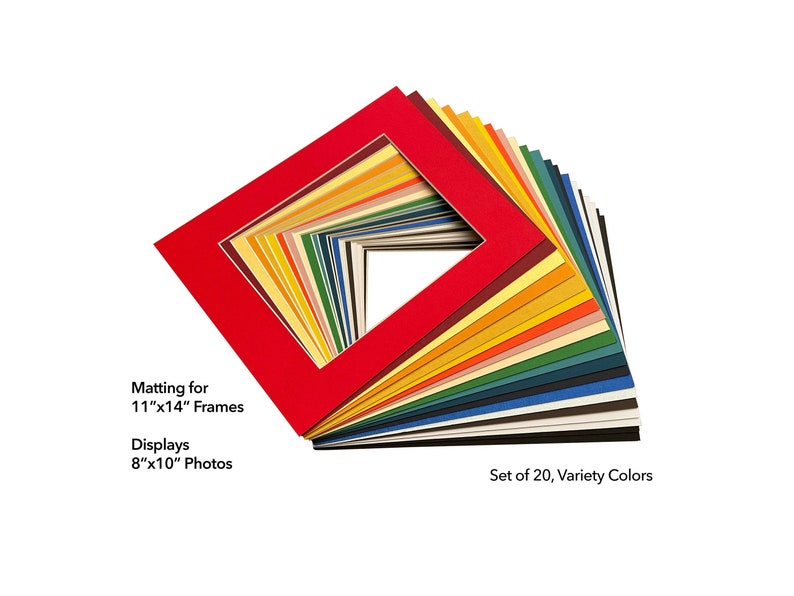 May include: Set of 20 colourful mat boards for 11x14 inch frames. The mat boards are designed to display 8x10 inch photos.