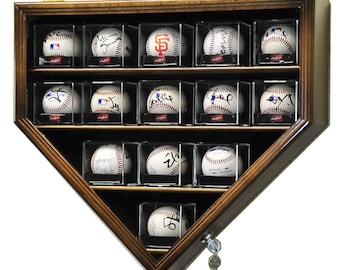 14 Baseball Acrylic Cubes Display Case Cabinet Holder - Home Plate Shaped w/ 98% UV Protection - Lockable