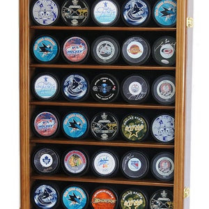 40 Hockey Puck Display Case Cabinet Holder Rack Stand 98% UV Lockable Walnut Finish