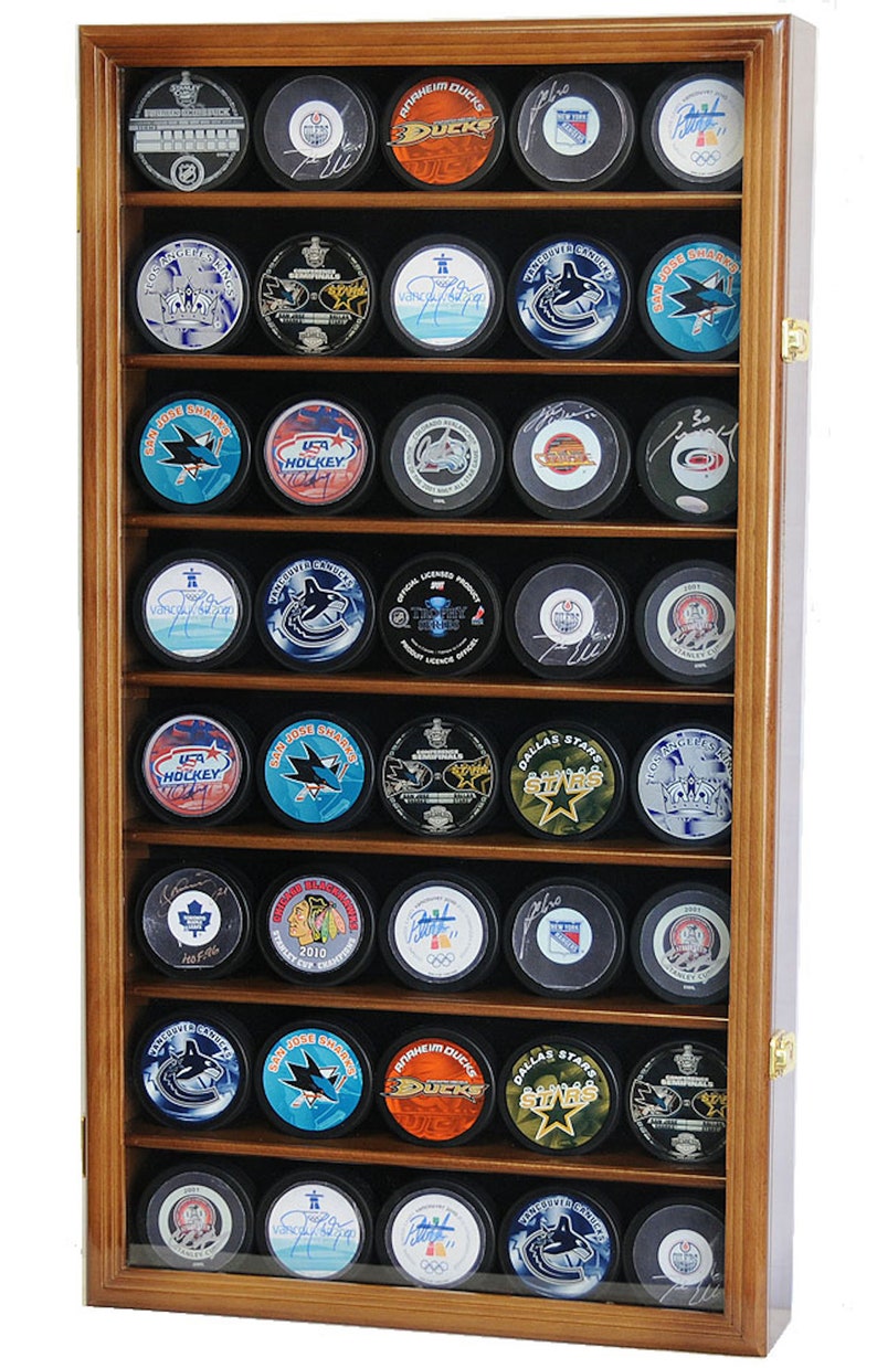 40 Hockey Puck Display Case Cabinet Holder Rack Stand 98% UV Lockable Walnut Finish